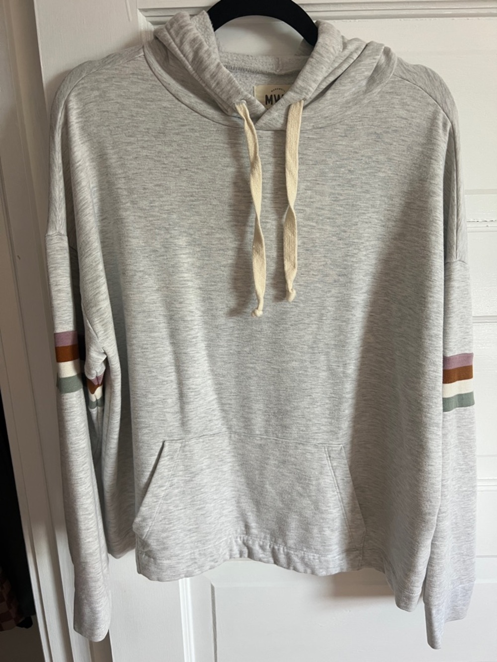 Madewell Heather Gray Hooded Zip-Up Sweatshirt with Multicolor Sleeve Stripes
